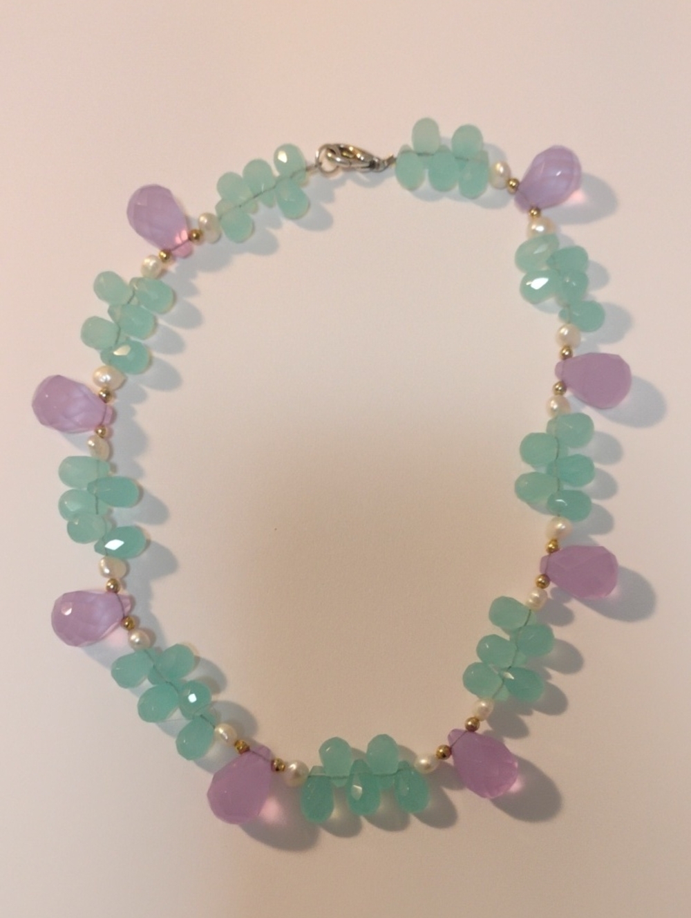 Handmade Faceted Glass & Freshwater Pearl Beaded Necklace Aqua Lavender